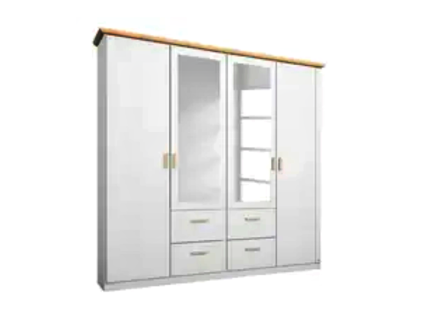 Dulap cu 4 usi cu balamale si 4 sertare KOLDING 187x214x57cm alb alpin/ oglinda, manere si decor frasin Coimbra