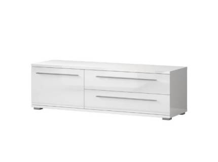 Comoda TV cu 1 usa si 2 sertare PIANO WHITE 150x46x45cm alb lucios, manere si picioare crom