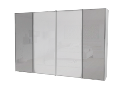 Dulap cu 4 usi glisante 400x240x68cm alb mat/ sticla gri + sticla alba, manere aluminiu model 27 SINFONIE PLUS 