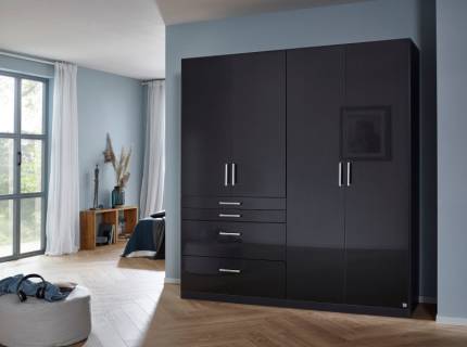 Dulap cu 4 usi cu balamale si 4 sertare HOMBURG 181x197x54cm gri metalic/ gri lucios, manere crom