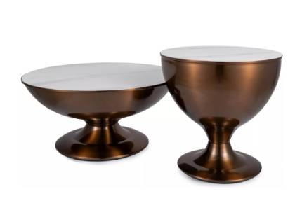 Set 2 masute SALSA din ceramica cu efect de marmura alb mat, cadru metalic cupru lucios 75xH38cm / 52xH50cm