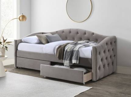 Pat tapitat cu somiera si sertare pentru depozitare ALOHA (90x200cm) material catifea beige