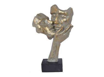 Statueta chip femeie si barbat pe o mana sarutandu-se gri-auriu din metal