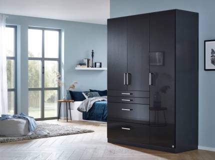 Dulap cu 3 usi cu balamale si 4 sertare HOMBURG 136x197x54cm gri metalic/ gri lucios, manere crom