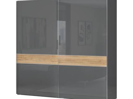 Dulap cu usi glisante ONYX 230x224x61cm antracit lucios/ nuc Pacific, maner crom