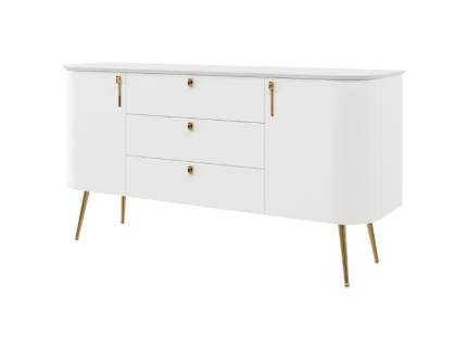 Comoda cu 2 usi si 3 sertare GALET 158x82x47cm alb mat, picioare si manere auriu neon 
