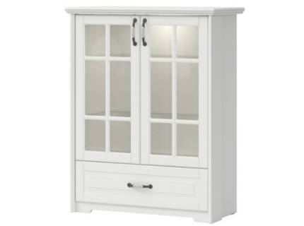 Vitrina lata cu 2 usi din sticla cu led si 1 sertar EVERGREEN 101x128x49cm ivory/ pin polar