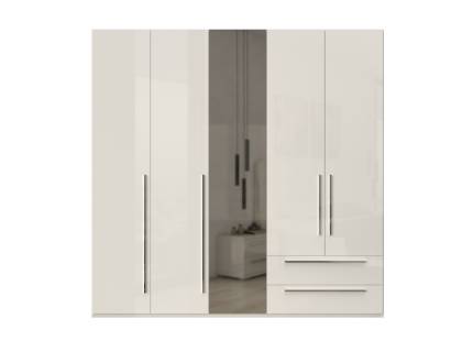 Dulap cu 5 usi si 2 sertare PIANO BEIGE 227x224x56cm bej lucios/ oglinda, maner crom