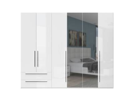 Dulap cu 6 usi si 2 sertare PIANO WHITE 272x224x56cm alb lucios/ oglinda, maner crom