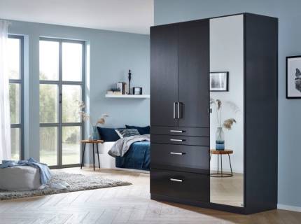 Dulap cu 3 usi cu balamale si 4 sertare HOMBURG 136x197x54cm gri metalic/ gri lucios - oglinda, manere crom