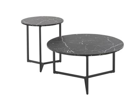 Set 2 masute RAVELLO din sticla cu efect de marmura neagra, metal negru 80xH40cm / 50xH55cm