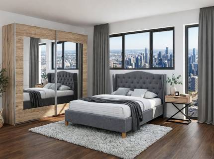 Set dormitor ALEGRO, LIZ I, ASPENT pat gri (140x200cm), Alegro dulap 226x210x62cm stejar sanremo/ oglinda, Liz I masuta