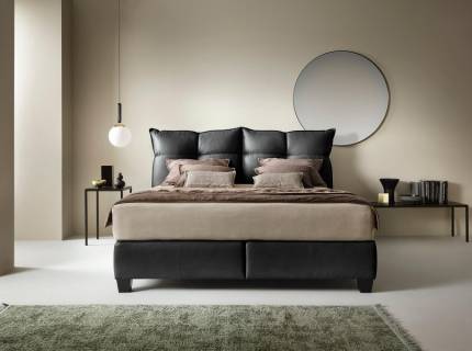 Pat tapitat cu somiera tip placa CADIS 140/ 160/ 180cm piele natruala, personalizabil