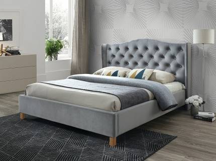 Pat tapitat cu somiera ASPEN VELVET 140/ 160/ 180cm catifea grey, picioare nuanta lemnului