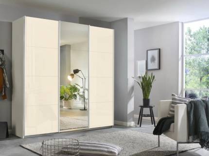 Dulap cu usi glisante KULMBACH 203x229x62cm alb alpin/ sticla champagne-oglinda configurabil