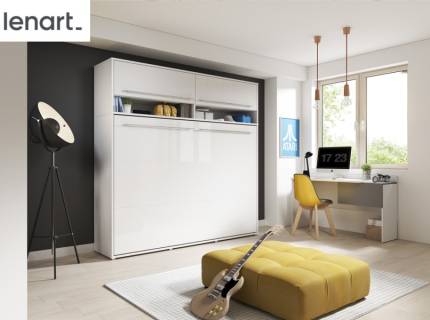 LENART PRO CONCEPT set pat (140x200cm) rabatabil pe perete orizontal cu dulap superior 215x46-131x217cm alb alpin/ alb lucios