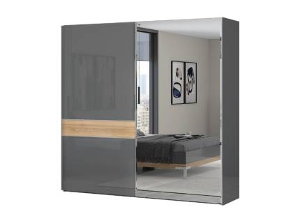 Dulap cu usi glisante ONYX 230x224x61cm antracit lucios/ nuc Pacific - oglinda, maner crom