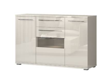 Comoda cu 3 usi si 1 sertar PIANO BEIGE 150x85x45cm bej lucios - sticla, manere si picioare crom