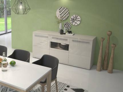 Comoda cu 3 usi cu portiune din sticla PIANO BEIGE 180x85x45cm bej lucios, manere crom