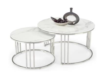 Set 2 masute MERCURY 2 din sticla cu efect de marmura alba, metal crom 80xH45cm / 60xH38cm