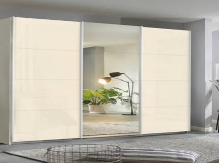 Dulap cu usi glisante KULMBACH 361x210x62cm alb alpin/ sticla champagne-oglinda configurabil