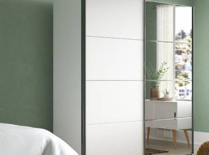 Dulap cu usi glisante MINOSA 137x197x48cm alb alpin/ oglinda, maner aluminiu