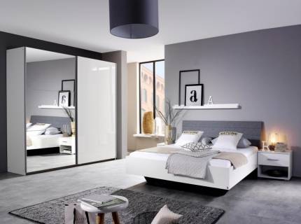 Cadru pat cu tablie tapitata HALLE (140x200cm) alb lucios + material textil gri