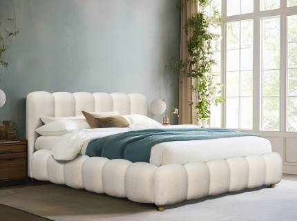 Pat tapitat cu somiera si spatiu pentru depozitare BRISA (160x200cm) material plusat cream