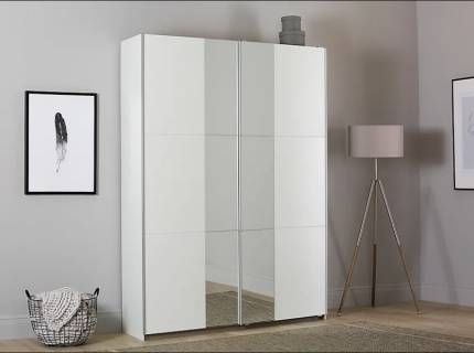 Dulap cu usi glisante FELLBACH 175x210x59cm alb alpin/ oglinda, maner aluminiu