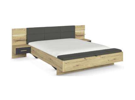 Cadru pat cu noptiere cu led incorporate MOSBACH (180x200cm) stejar Artisan/ gri metalic + ecopiele