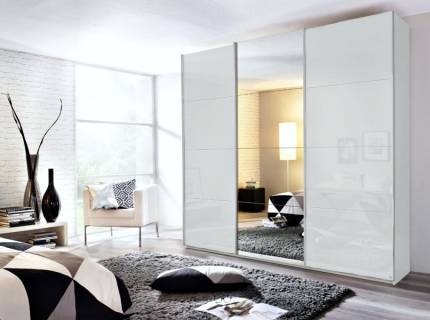 Dulap cu usi glisante KULMBACH 203x229x62cm alb alpin/ alb lucios - oglinda configurabil