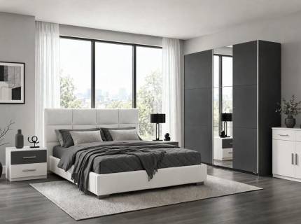 Set dormitor ASTI + KRONACH I + BARCELONA + FELLBACH pat tapitat cu somiera si lada pt. depozitare ASTI (180x200cm) ecopiele alba, dulap KRONACH I 261x210x59cm gri metalic/ oglinda, FELLBACH comoda 93x81x42cm alb alpin si 2 noptiere BARCELONA alb alpin/ gri metalic