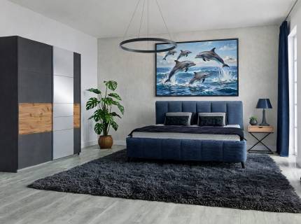 Set dormitor BOSTON EXTRA, LIZ I, RIVA SR cadru pat tapitat albastru (160x200cm), dulap BOSTON EXTRA 181x210x62cm gri metalic/ stejar - oglinda, Liz I masuta-noptiera cu un sertar