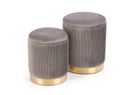 Set 2 tabureti MONTY catifea gri, cadru auriu, cu spatiu pentru depozitare 44xH36cm / 38xH31cm