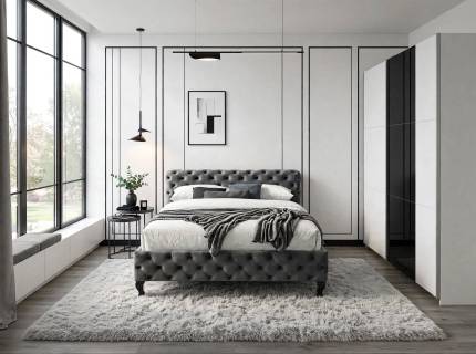Set dormitor KRONACH COLOR I, HERRERA VELVET pat tapitat gri (160x200cm), Kronach Color I dulap 218x210x59cm alb alpin/ sticla neagra, Atena set 2 masute sticla neagra/ cadru negru