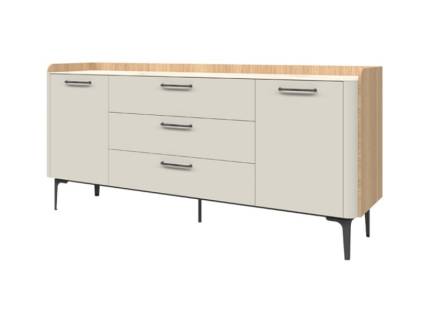 Comoda cu 2 usi si 3 sertare AIR 175x83x48cm Pepper White/ Stejar Furneo - sticla cu model de marmura Calcatta Oro, cadru, manere si picioare Antracit 