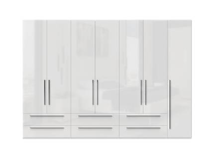 Dulap cu 7 usi cu balamale si 6 sertare PIANO WHITE 317x224x56cm alb lucios, maner crom