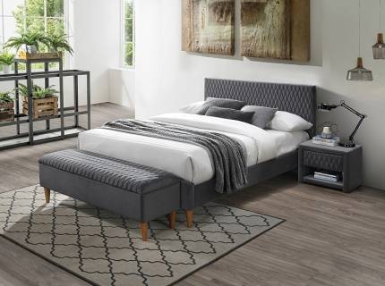 Pat tapitat cu somiera AZURRO VELVET 140 / 160cm catifea grey, picioare nuanta lemnului