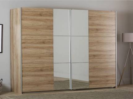 Dulap cu usi glisante FELLBACH 261x210x59cm stejar sanremo/ oglinda, maner aluminiu
