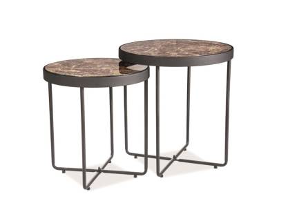 Set 2 masute MANTA din sticla cu efect de marmura, metal negru 45xH49cm / 40xH43cm