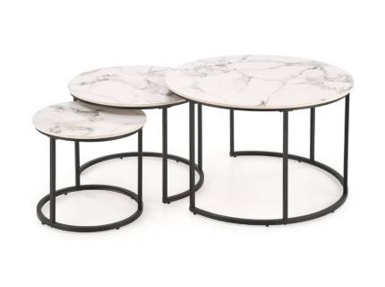 Set 3 masute GILDA din piatra sinterizata cu efect de marmura alba, metal alb 45xH40cm / 60xH45cm / 80xH50cm