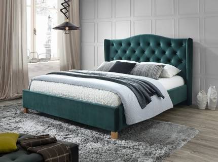 Pat tapitat cu somiera ASPEN VELVET 140/ 160/ 180cm catifea green, picioare nuanta lemnului