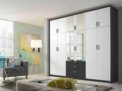 Dulap cu 12 usi cu balamale si 3 sertare HILDESHEIM EXTRA 271x229x54cm alb alpin/ gri metalic - oglinda 