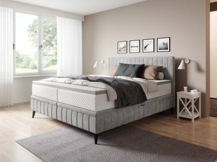 Pat tapitat cu spatiu pentru depozitare si somiera tip placa CAYA 140/ 160/ 180cm personalizabil, picioare negre