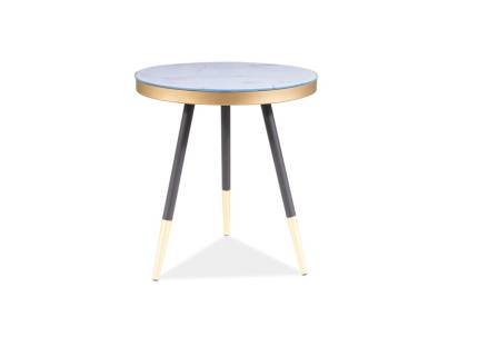 Masuta VEGA C din sticla cu efect de marmura alba, furnir, metal auriu + negru 45xH50cm
