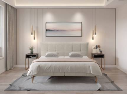 Pat tapitat cu spatiu pentru depozitare, saltea si topper incorporat JOLIN 140/ 160/ 180cm personalizabil, picioare aurii