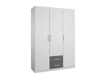 Dulap cu 3 usi cu balamale si 2 sertare ALBERO EXTRA 136x197x54cm alb alpin/ gri metalic, manere aluminiu