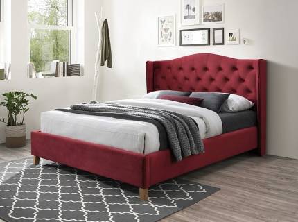 Pat tapitat cu somiera ASPEN VELVET (160x200cm) catifea bordo, picioare nuanta lemnului
