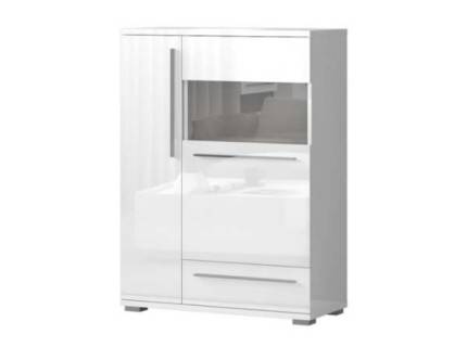 Vitrina lata cu 2 usi cu sticla si 1 sertar PIANO WHITE 90x123x40cm alb lucios - sticla, manere si picioare crom