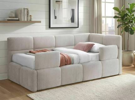 Pat tapitat cu somiera, spatiu pentru depozitare si protectii pentru pat EMMA RAVEN (120x200cm) material textil beige